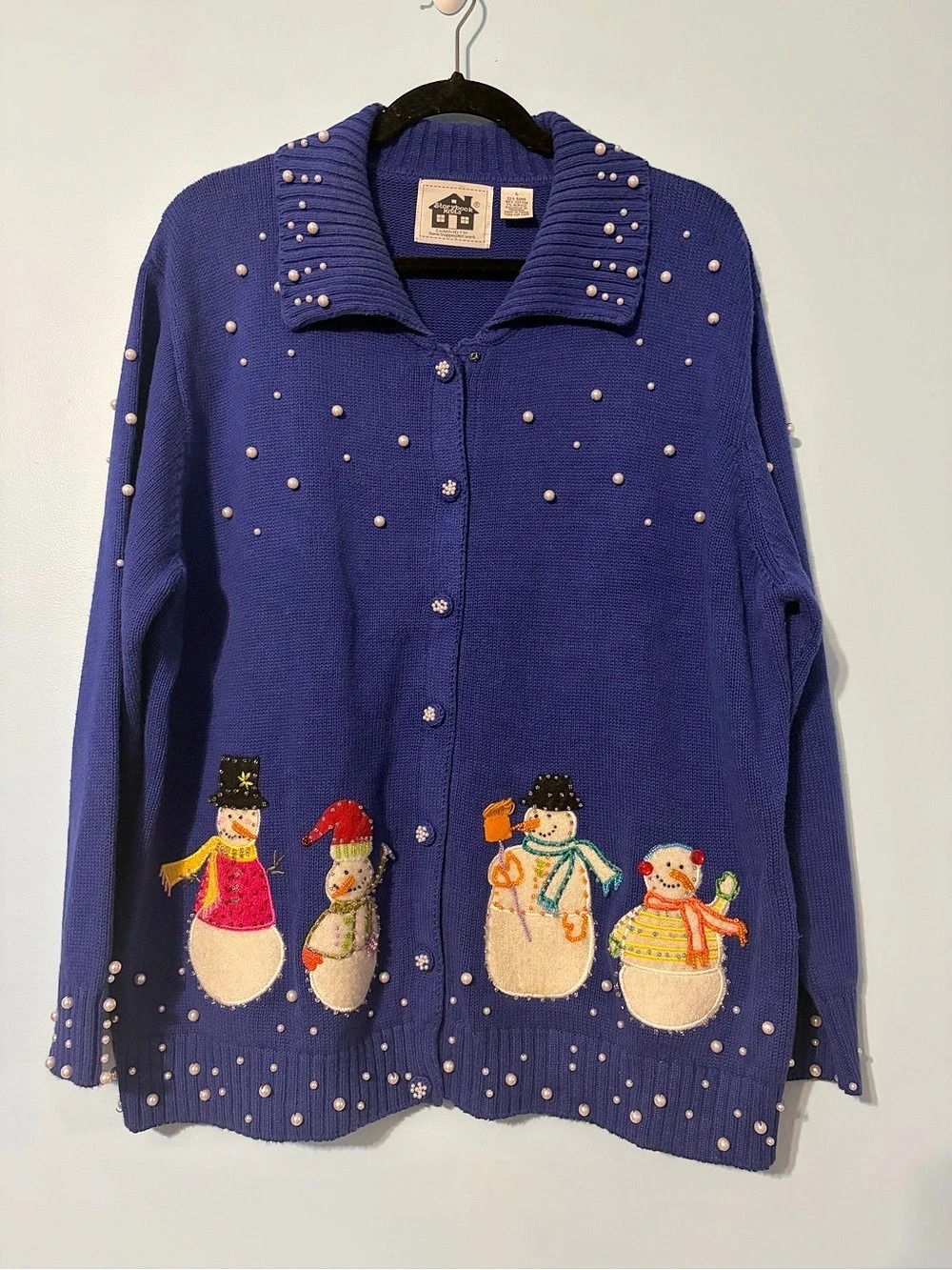 Storybook Knits Snowmen Beaded Cardigan Blue Large